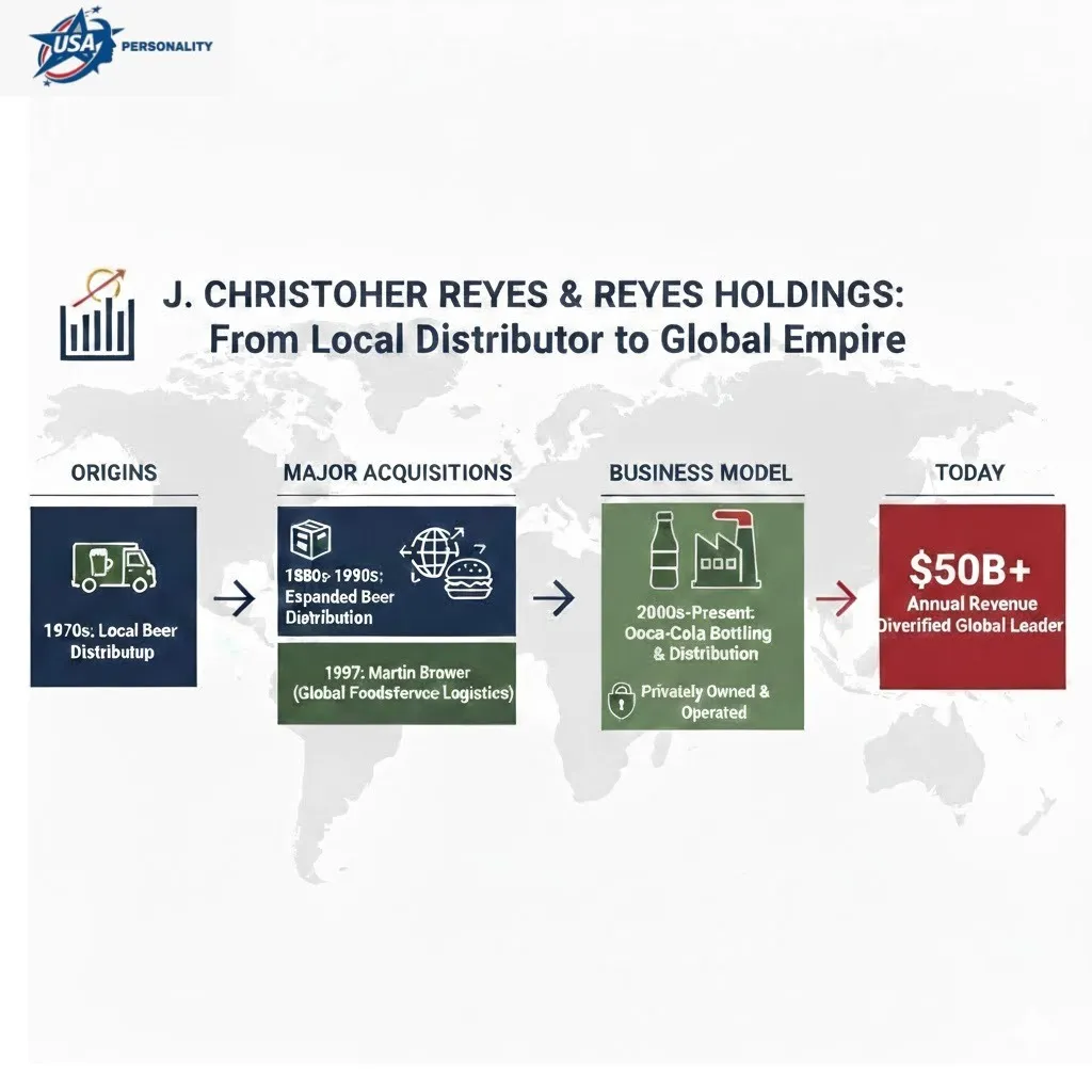 Infographic showing how J. Christopher Reyes built Reyes Holdings from a small beer distributorship into a $40B+ private company through beer distribution, Martin Brower logistics, and Coca-Cola bottling.