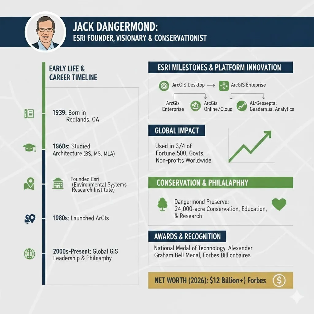 "Infographic of Jack Dangermond, founder of Esri, highlighting his career timeline, ArcGIS development, conservation work, and global impact on GIS."