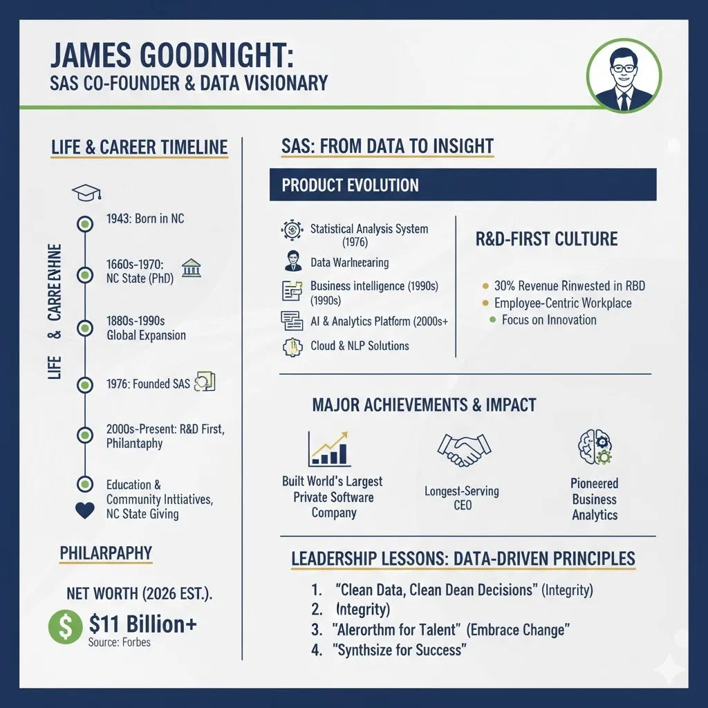 “Infographic of James Goodnight highlighting his early life, SAS founding journey, leadership style, R&D culture, net worth, and philanthropic impact.”