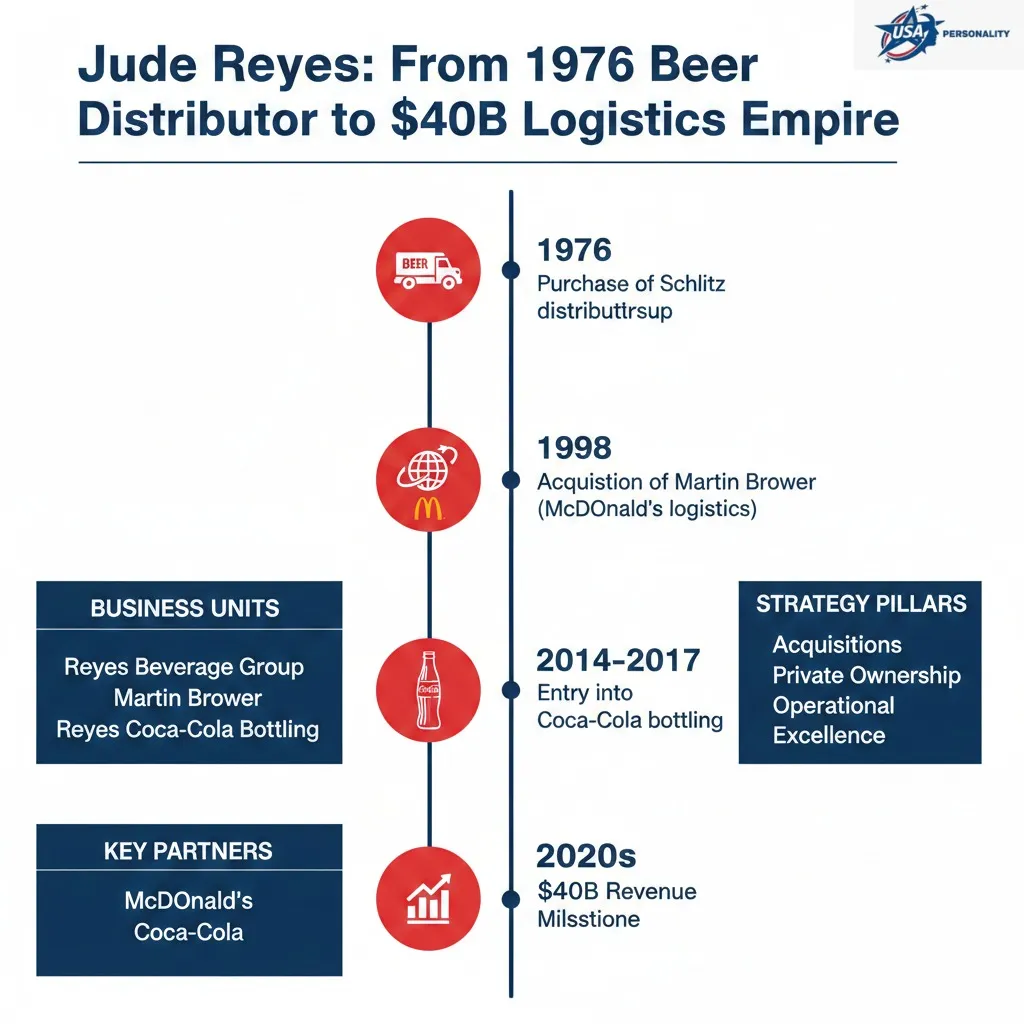 "Timeline infographic showing Jude Reyes’ journey from a 1976 Schlitz distributorship to co-chairman of the $40B Reyes Holdings empire, featuring key acquisitions, Coca-Cola and McDonald’s partnerships, and core distribution operations."