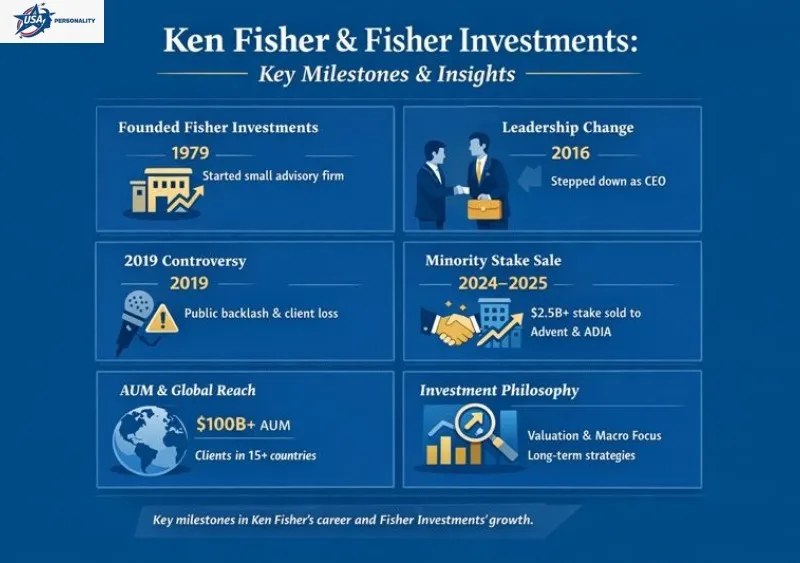 "Infographic showing Ken Fisher’s biography, key milestones at Fisher Investments, investment philosophy, 2019 controversy, 2024–2026 minority-stake sale, and practical tips for investors, with a modern design using icons for finance, growth, governance, and communication."