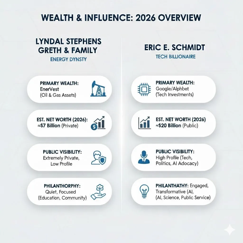 Infographic comparing Lyndal Stephens Greth & family and Eric E. Schmidt in 2026, showing net worth, wealth sources, influence, philanthropy, and key timeline milestones.