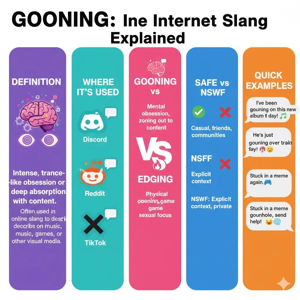 "Infographic explaining the meaning of gooning — trance-like absorption, social media usage, differences from edging, and examples of casual and NSFW contexts."