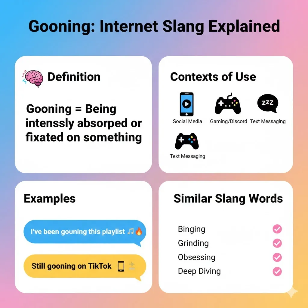 Infographic explaining the meaning of “gooning”: intensely absorbing oneself in content or activities, with usage examples in social media, gaming, and texting, plus related slang terms like binging and grinding. Includes playful emojis and visual icons.