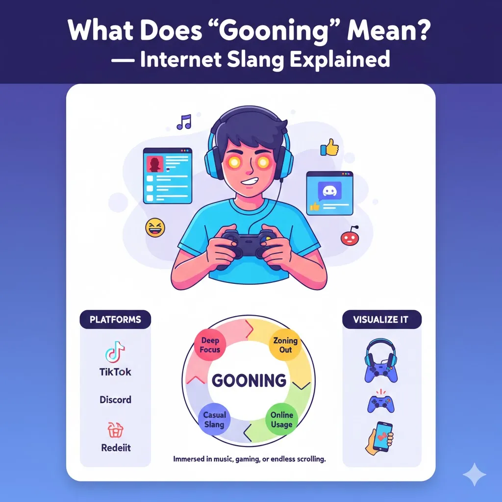 "Infographic explaining the slang ‘Gooning’: its meaning, usage on TikTok, Discord, and Reddit, synonyms like binging and obsessing, example sentences with emojis, and casual vs formal usage tips."