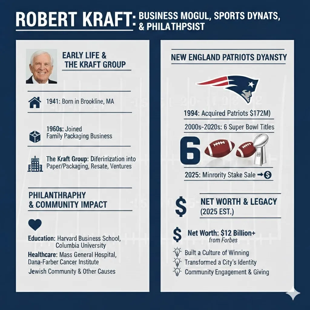 “Infographic showing Robert Kraft’s biography highlights, including his early life, the growth of The Kraft Group, his New England Patriots NFL dynasty, and major philanthropy milestones.”