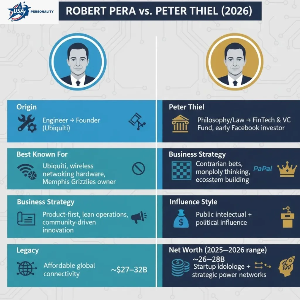 Infographic comparing Robert Pera vs Peter Thiel (2026), showing their backgrounds, major companies (Ubiquiti, PayPal, Palantir), leadership styles, net worth, and business strategies.