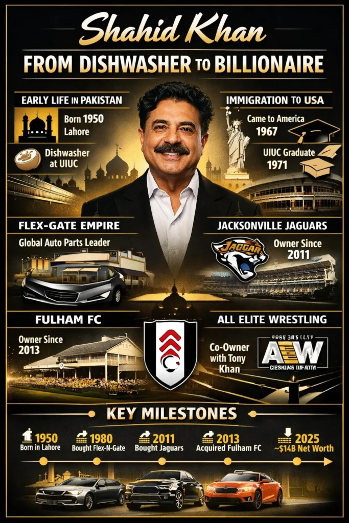 “High-contrast corporate infographic introducing Shahid Rafiq ‘Shad’ Khan, summarizing his rise from dishwasher to billionaire, featuring sections on early life in Pakistan, immigration, Flex-N-Gate, Jacksonville Jaguars, Fulham FC, AEW, achievements, and timeline in black, gold, and white.