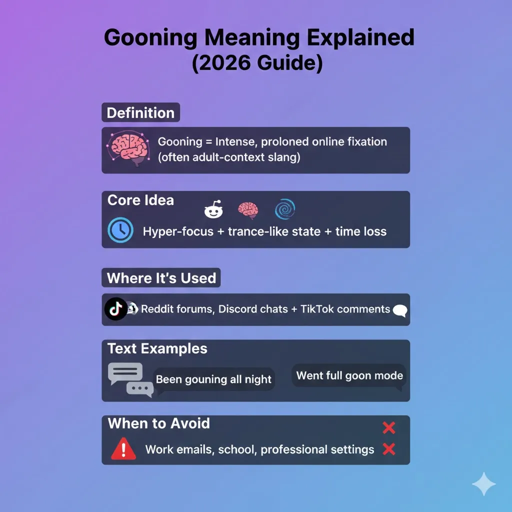 Infographic explaining gooning meaning, its online slang definition, usage examples in text, platforms where it appears, and when to avoid using the term.