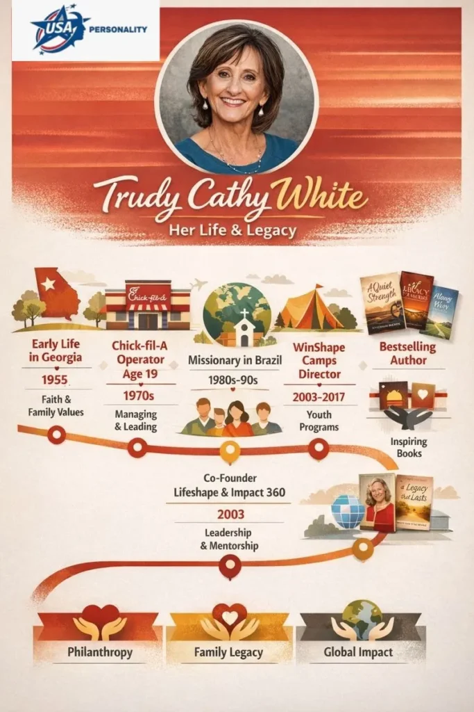 “Infographic illustrating Trudy Cathy White’s biography, Chick-fil-A career, mission work, IMPACT 360 Institute, books, and philanthropic impact.”