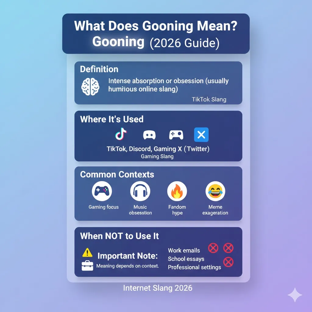 "Infographic illustrating the meaning, origins, social media usage, and psychology of the slang term 'gooning', highlighting TikTok, Discord, and X contexts."