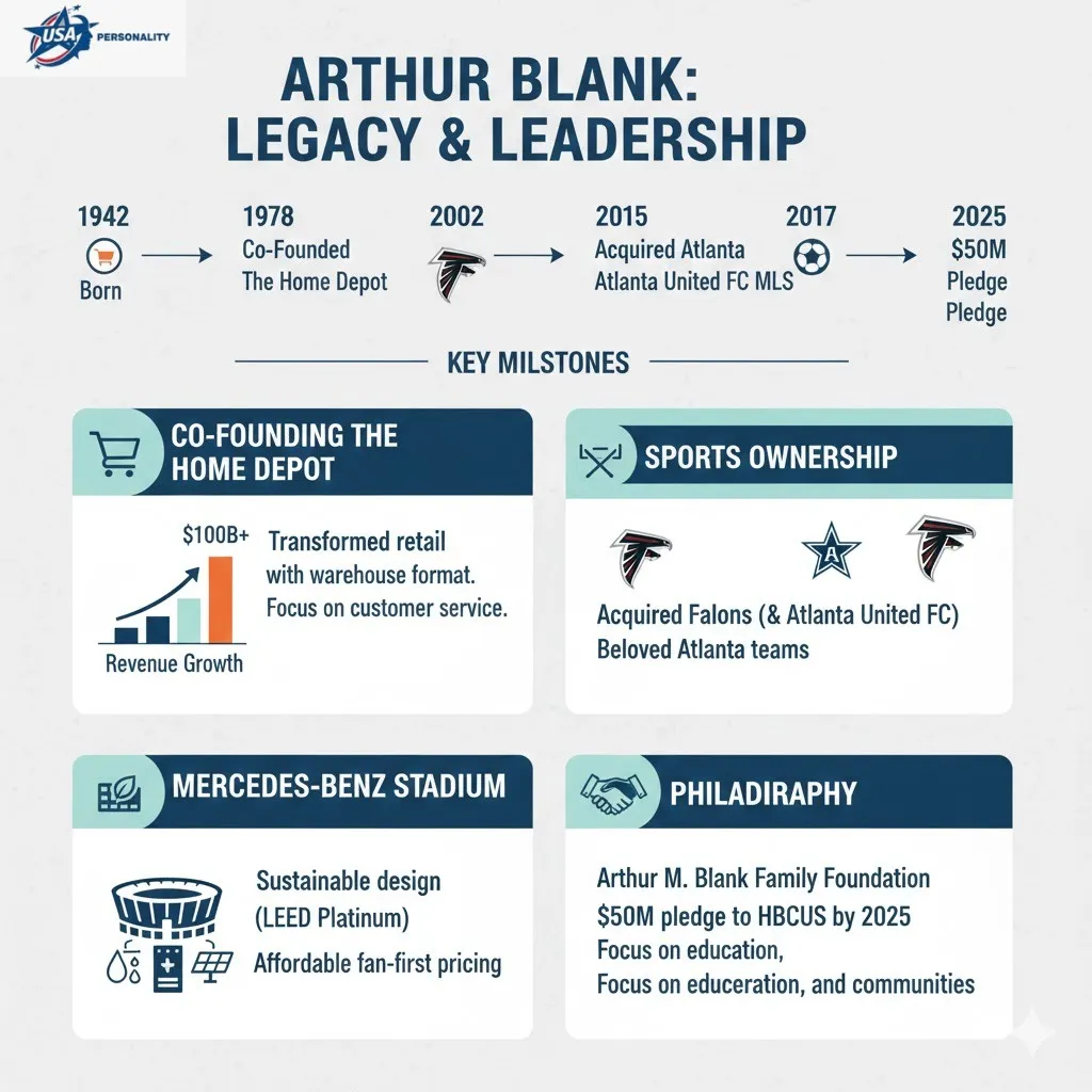 Vertical timeline infographic of Arthur Blank  Home Depot founding (1979), Atlanta Falcons purchase (2002), and $50M HBCU pledge (2026).