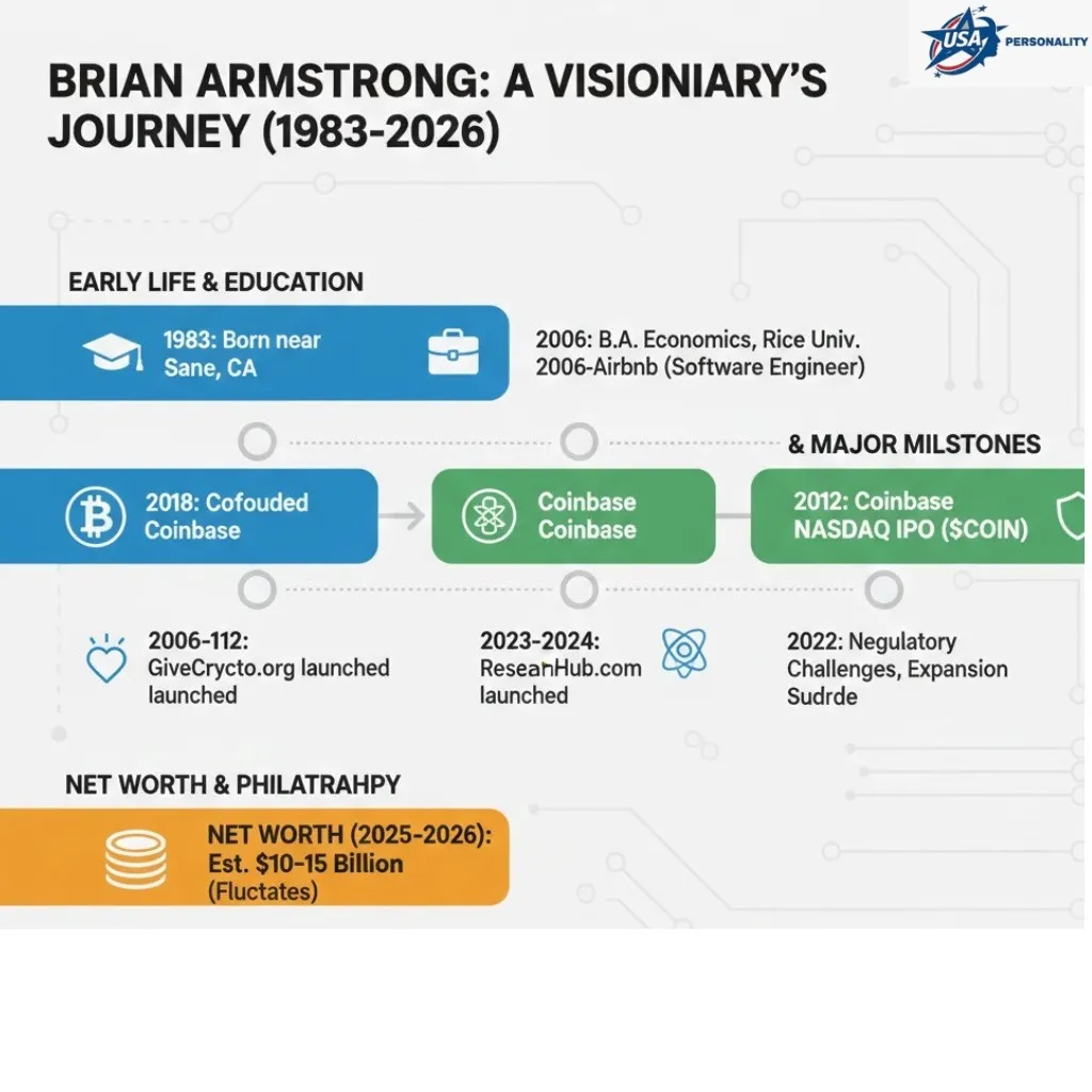 “Infographic showing Brian Armstrong’s career timeline, major achievements, Coinbase milestones, net worth growth, and philanthropy from 1983 to 2026.”