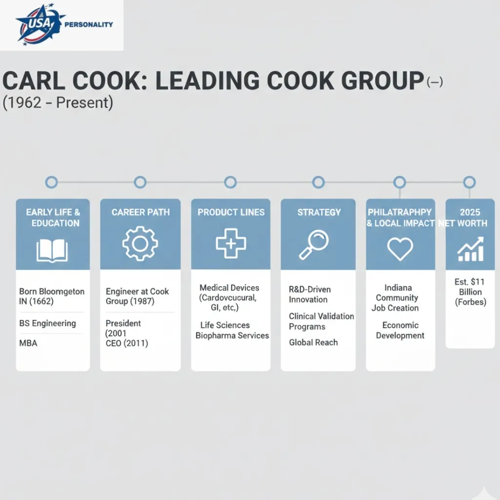 Infographic of Carl Cook, CEO of Cook Group, highlighting his biography and 2026 business strategy featuring sections on early life, leadership, medical technology innovations, Cook Group product lines, philanthropy, and net worth.