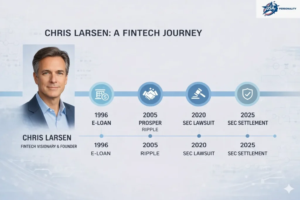 Portrait of Chris Larsen at left with a horizontal timeline on the right marking “Prosper 2005,” “Ripple 2012,” and “SEC Lawsuit / 2020 Settlement.”