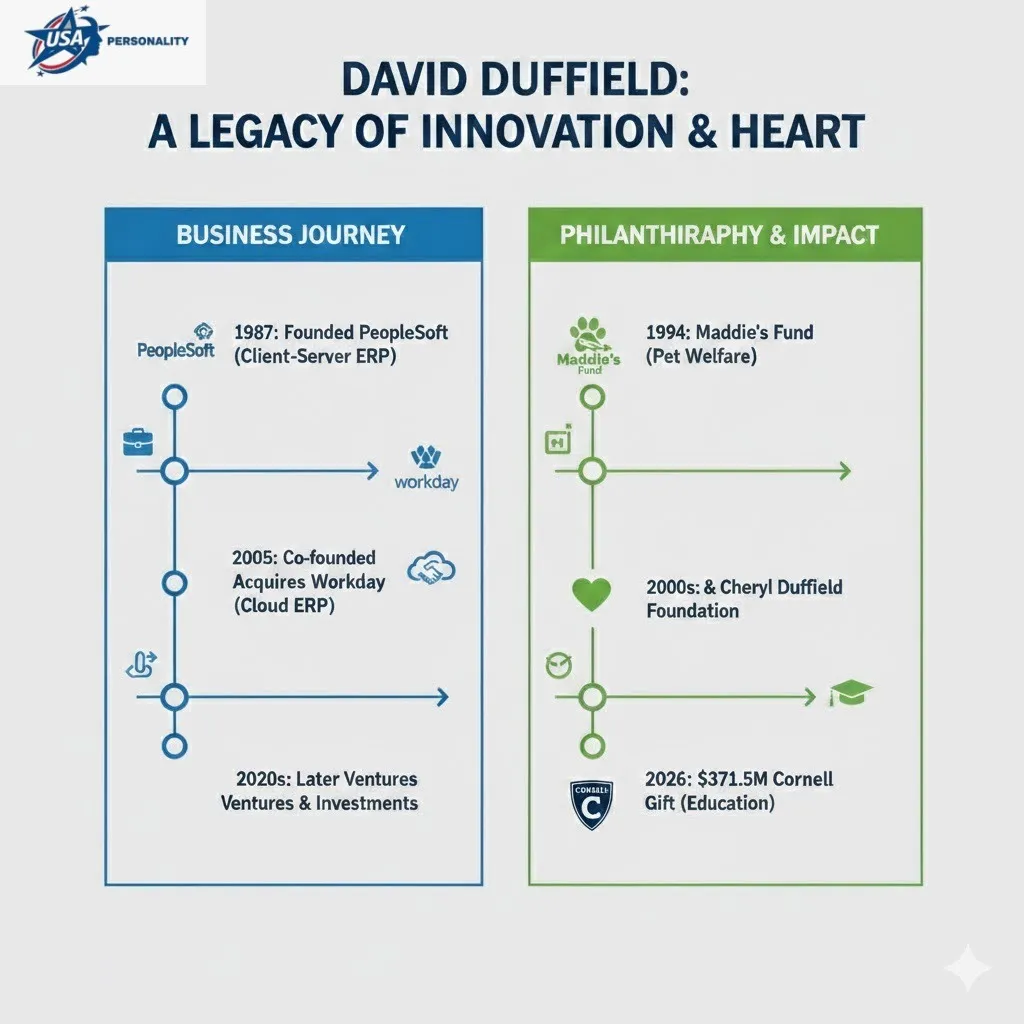 “Infographic of David Duffield’s career highlights: founding PeopleSoft (1987), co-founding Workday (2005), key corporate events, and major philanthropic gifts including Maddie’s Fund and a $371.5M Cornell donation in 2026.”