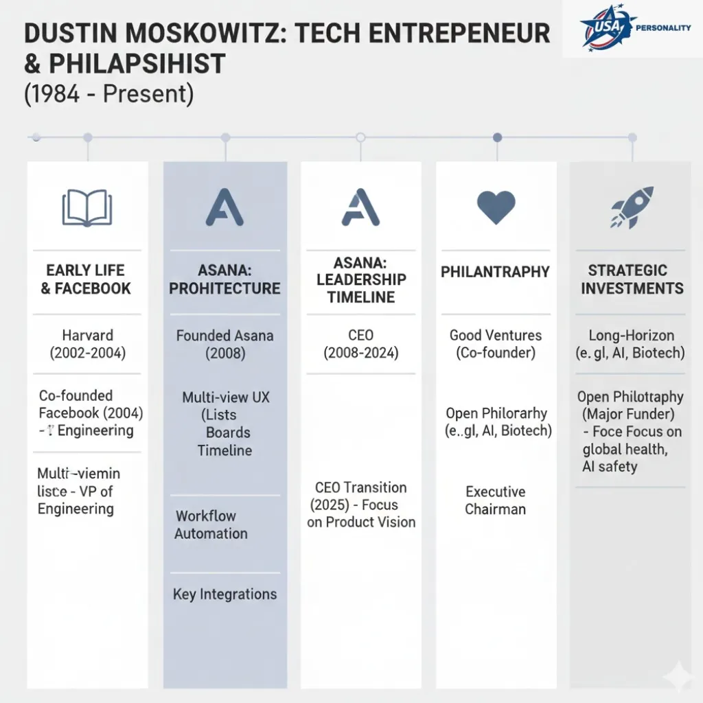 Infographic showing Dustin Moskovitz’s journey from Facebook co-founder to Asana founder and philanthropist, highlighting key milestones from education to 2025 leadership transition and global giving through Good Ventures and Open Philanthropy.