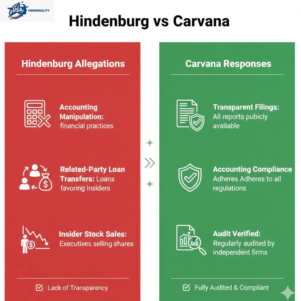 "Split infographic: left lists Hindenburg’s allegations of accounting manipulation, related-party loan sales, insider stock sales; right shows Carvana’s rebuttals and transparency claims."