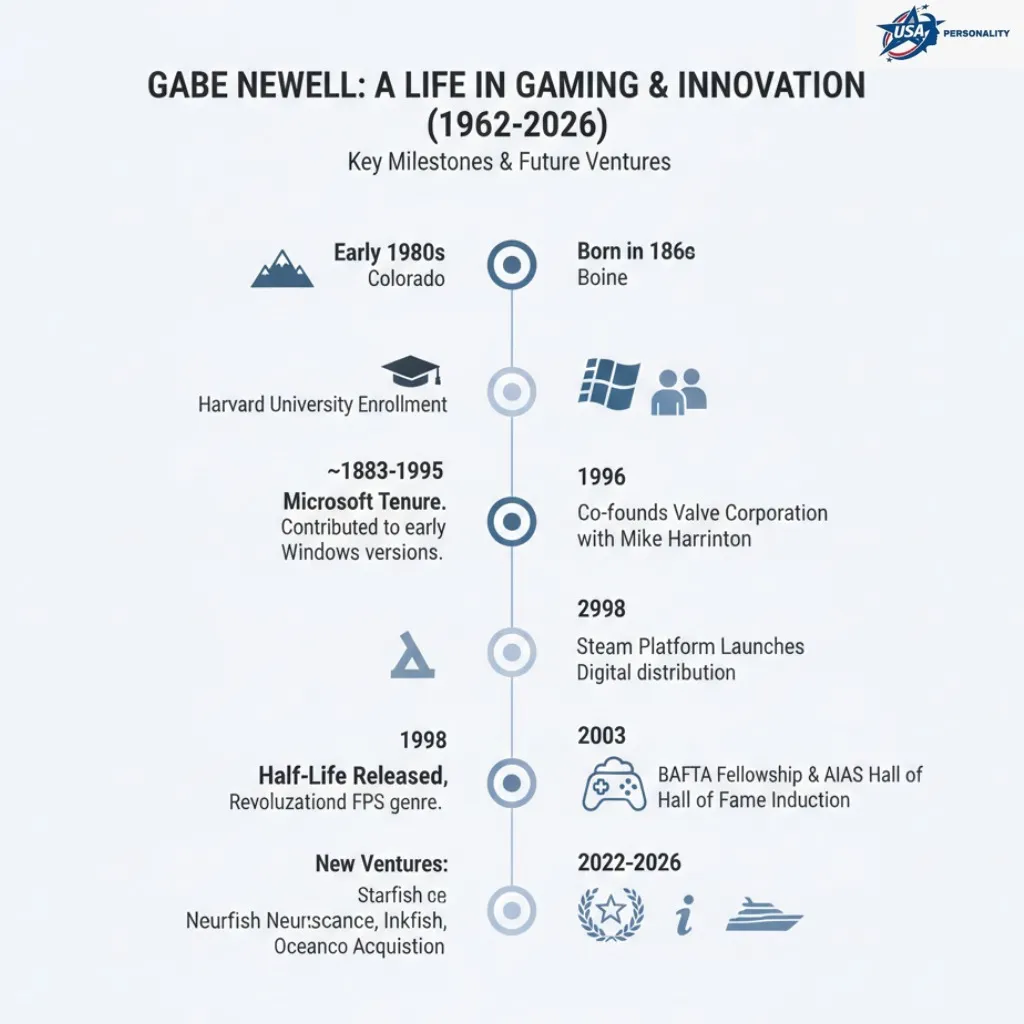 Infographic timeline of Gabe Newell’s milestones (1962–2026): Microsoft tenure, founding Valve, Half-Life, Steam launch and recent ventures.