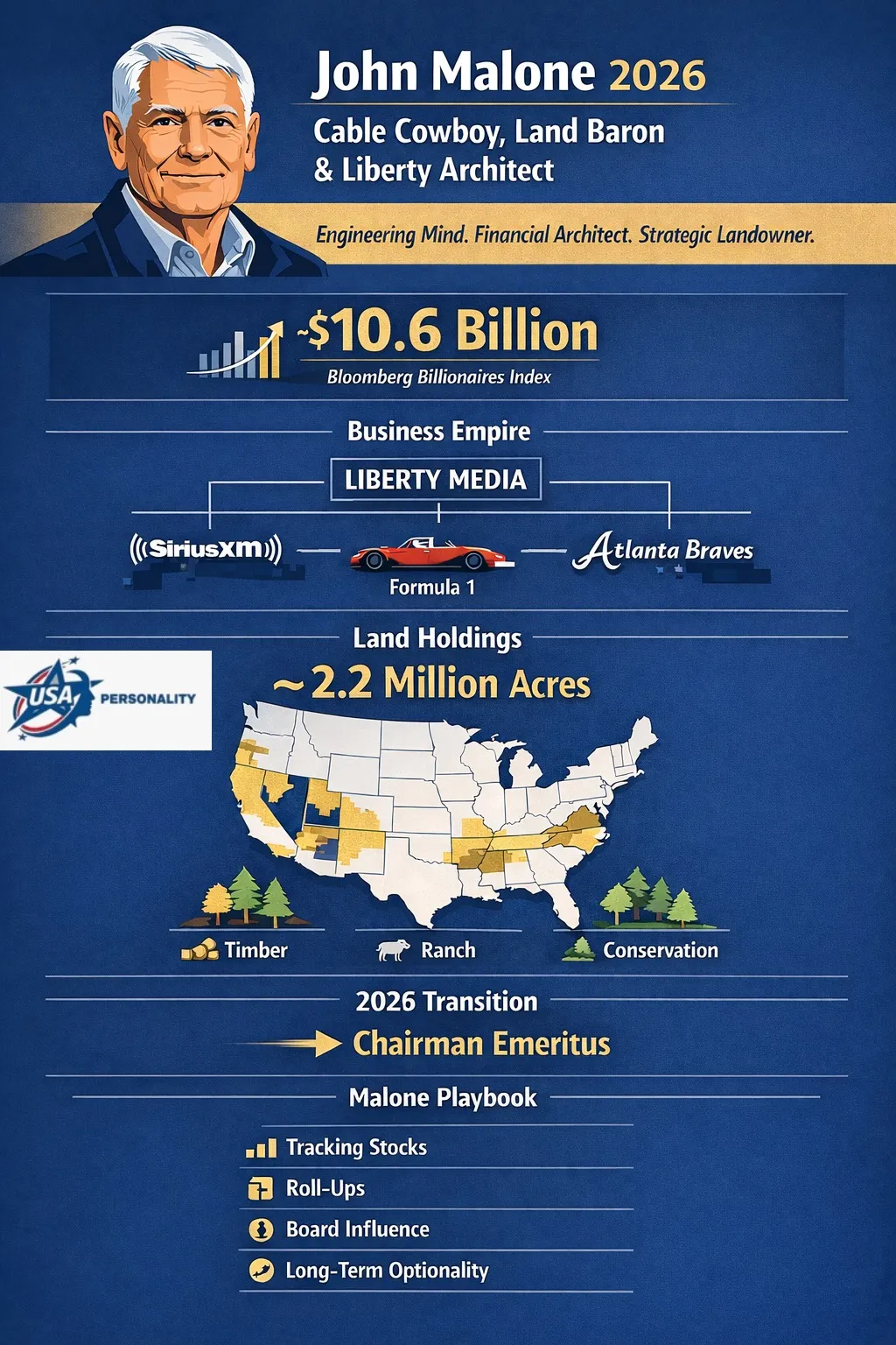 Infographic titled “John Malone  2026 Business Empire” showing key facts: net worth over $10 billion, 2.2 million acres of land, major companies (SiriusXM, Formula 1, Atlanta Braves), and philanthropy. Clean blue-and-gold design with icons and visuals.