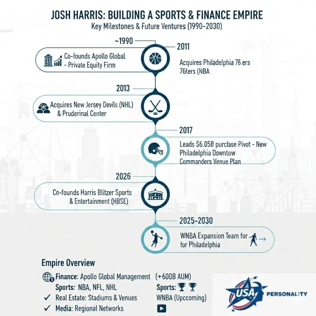 Infographic of Josh Harris’s career timeline and sports empire  showing Apollo Global founding, HBSE creation, 76ers, Devils, Commanders ownership, $6.05B NFL deal, 76 Place arena pivot, and WNBA expansion plans through 2030.
