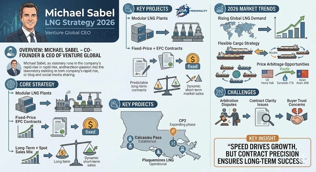 Michael Sabel LNG strategy 2026 infographic showing Venture Global projects, modular LNG model, contracts, and market trends.