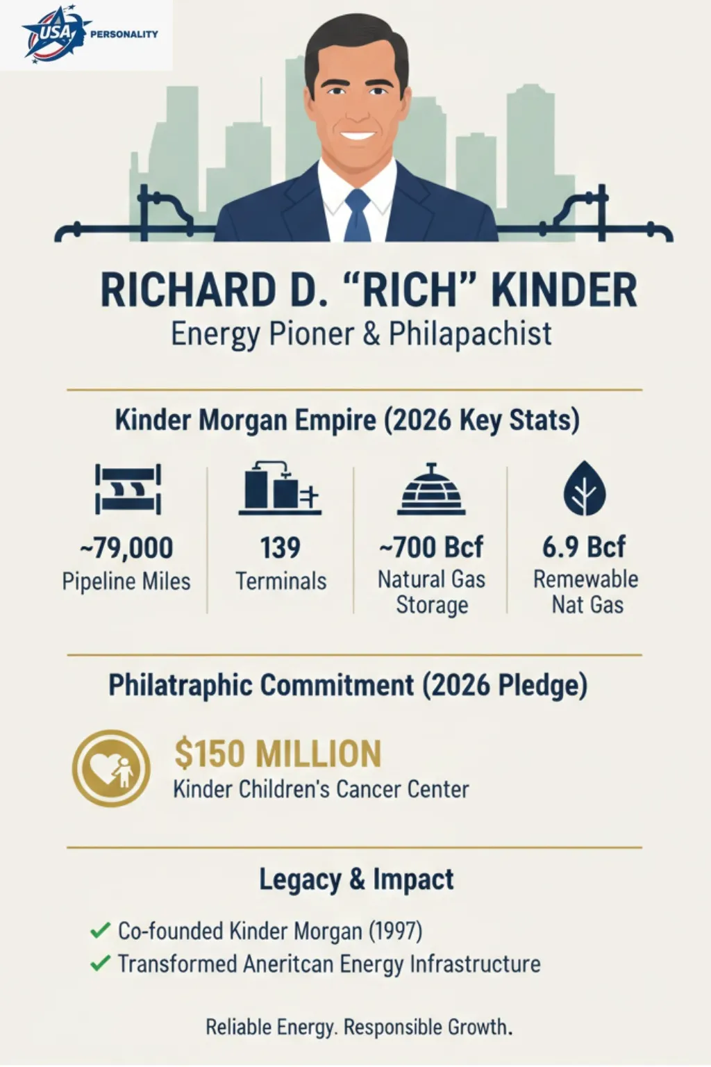 Flat infographic: portrait of Richard Kinder; Kinder Morgan stats  ~79,000 pipeline miles, 139 terminals, ~700 Bcf storage; philanthropy  $150M for Kinder Children’s Cancer Center.