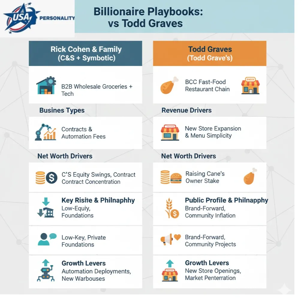 Infographic comparing Rick Cohen & family (C&S Wholesale Grocers + Symbotic) and Todd Graves (Raising Cane’s), showing business types, net worth drivers, revenue models, risks, public profiles, and growth strategies in a side-by-side visual format.