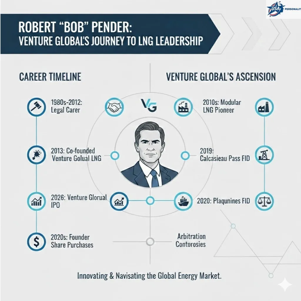 "Infographic timeline of Robert Pender’s career: co-founding Venture Global in 2013, modular LNG project milestones, IPO in 2026, founder share purchase controversy, and arbitration disputes, showing key professional achievements and challenges."
