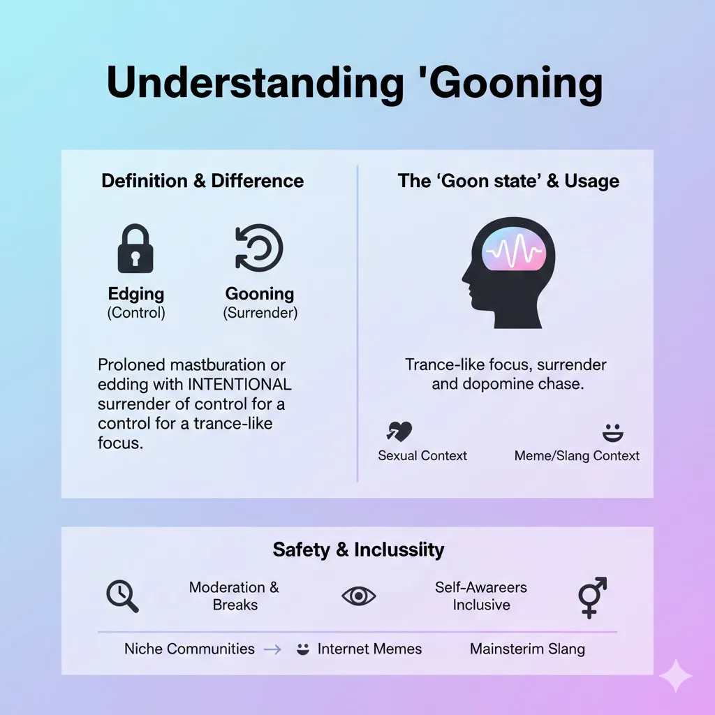 Infographic explaining what “gooning” means in text, including its slang definition, origin, usage examples, and when it is appropriate to use online.