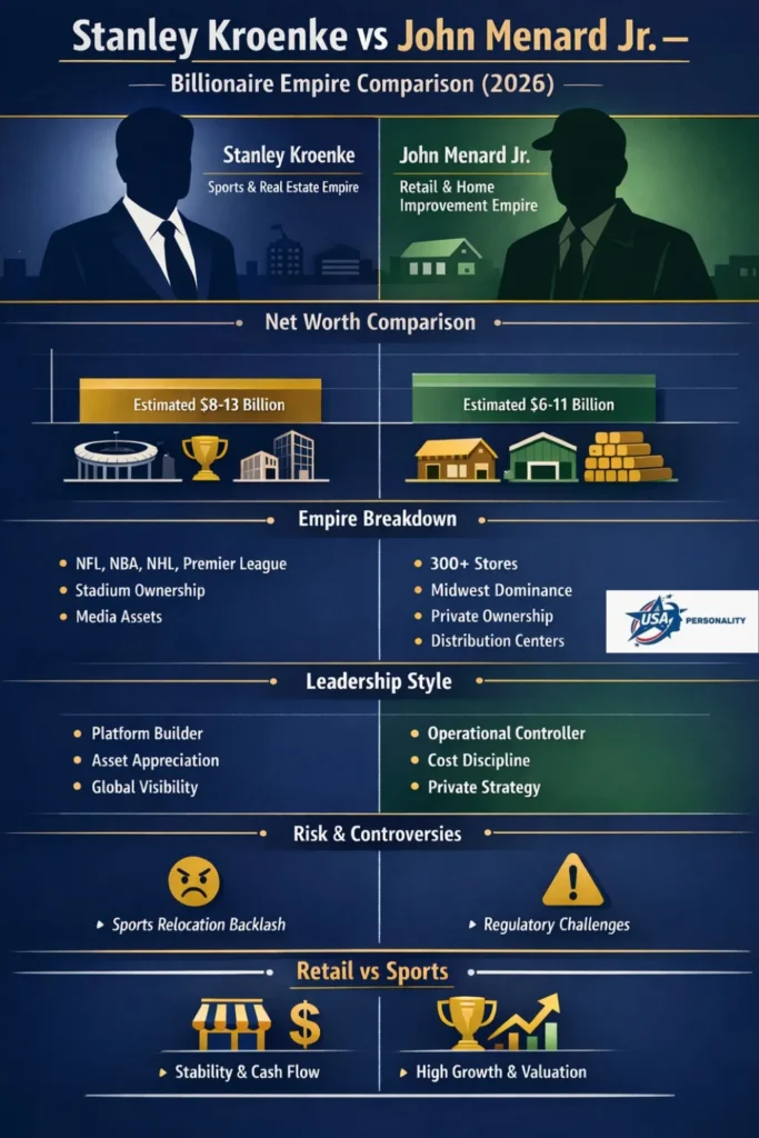 Infographic comparing Stanley Kroenke vs John Menard Jr. in 2026, showing net worth ranges, sports vs retail empire breakdown, leadership styles, risks, and valuation differences in a side-by-side business comparison.
