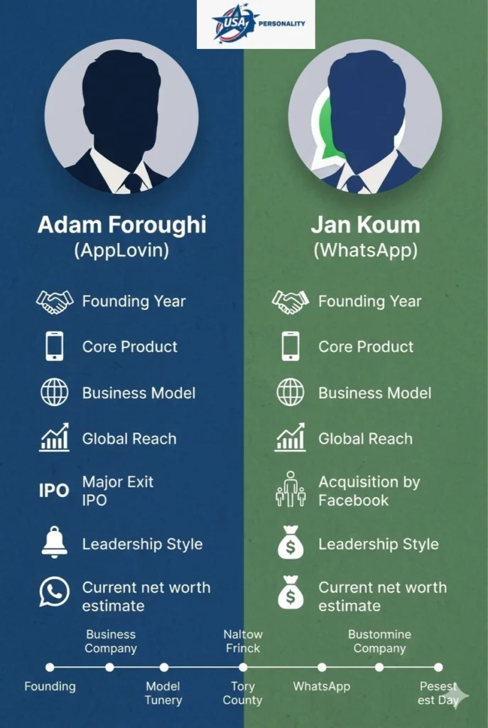 "Side-by-side infographic comparing Adam Foroughi of AppLovin and Jan Koum of WhatsApp, highlighting company founding years, products, business models, global reach, leadership styles, net worth estimates, and major exits."