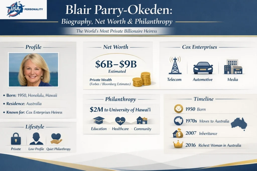 Infographic showing Blair Parry-Okeden’s biography, estimated $6–9 billion net worth, Cox Enterprises inheritance, and quiet philanthropy across education and healthcare.