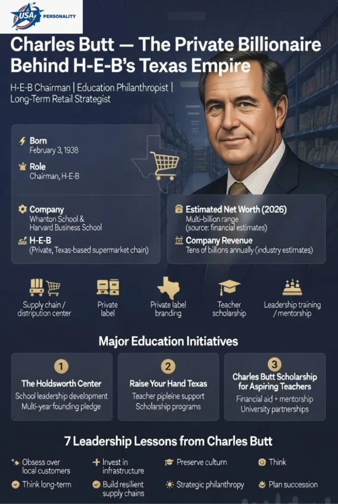 Infographic of Charles Butt, Chairman of H-E-B, highlighting biography, estimated 2026 net worth, Texas retail expansion, and major education philanthropy, including The Holdsworth Center and teacher scholarship programs.