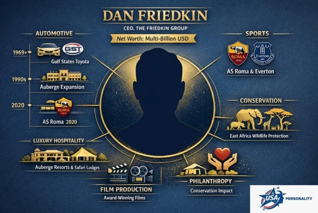 Infographic of Dan Friedkin showcasing his net worth, leadership of The Friedkin Group, ownership of AS Roma, work in film production, and conservation philanthropy designed in gold and navy blue with clean icons.