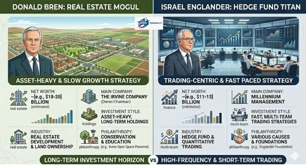 "Side-by-side infographic comparing billionaire Donald Bren, real estate developer, and Israel Englander, hedge fund manager, with net worth, companies, investment styles, and philanthropy."
