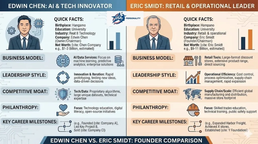 "Infographic comparing Edwin Chen, AI founder of Surge AI, and Eric Smidt, retail founder of Harbor Freight Tools, showing net worth, business models, leadership styles, competitive advantages, philanthropy, and key career milestones in a side-by-side visual."