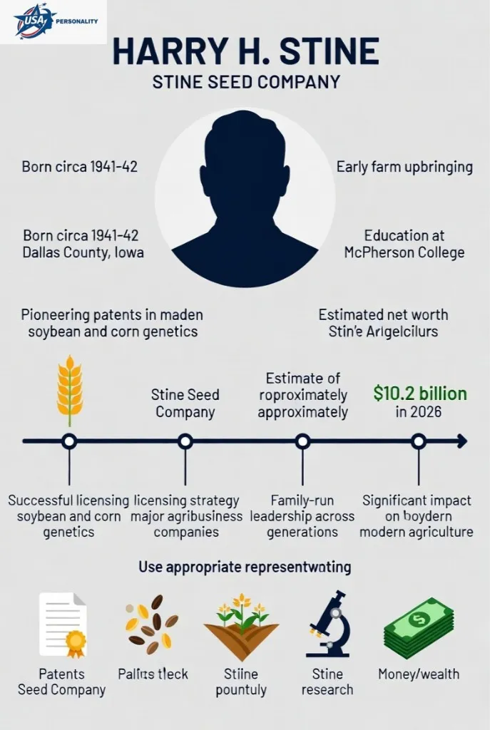 "Infographic illustrating Harry H. Stine, founder of Stine Seed Company, showing his farm upbringing, patented soybean and corn genetics, licensing model, family leadership, and estimated $10.2B net worth in 2026."