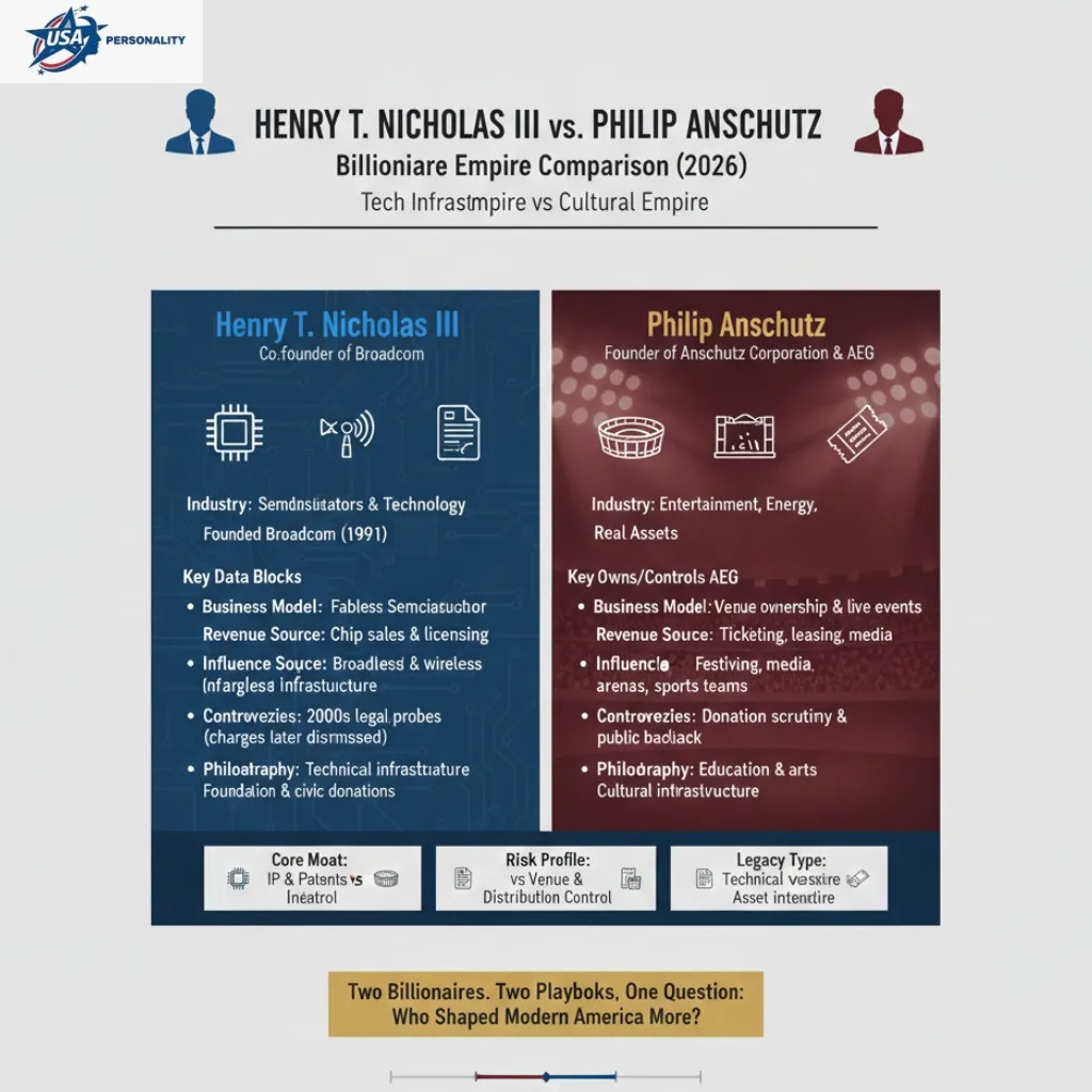 Infographic comparing Henry T. Nicholas III vs Philip Anschutz in 2026, highlighting net worth, Broadcom tech empire, AEG entertainment holdings, business models, controversies, and legacy impact.