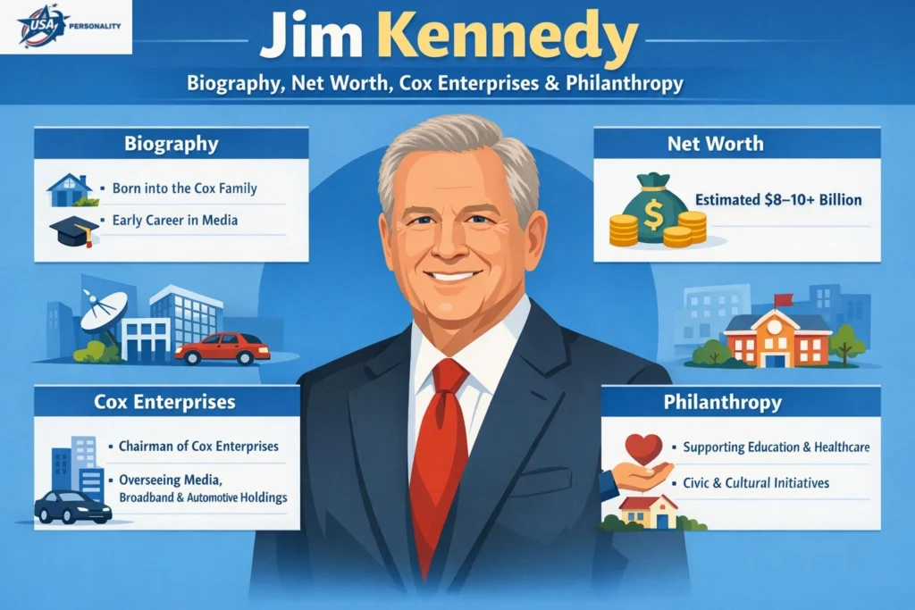 "Infographic of Jim Kennedy, showing his biography, estimated net worth, leadership at Cox Enterprises, and philanthropic contributions, with a flat-style illustrated portrait in a suit and red tie on a blue background and labeled icons for key sections."