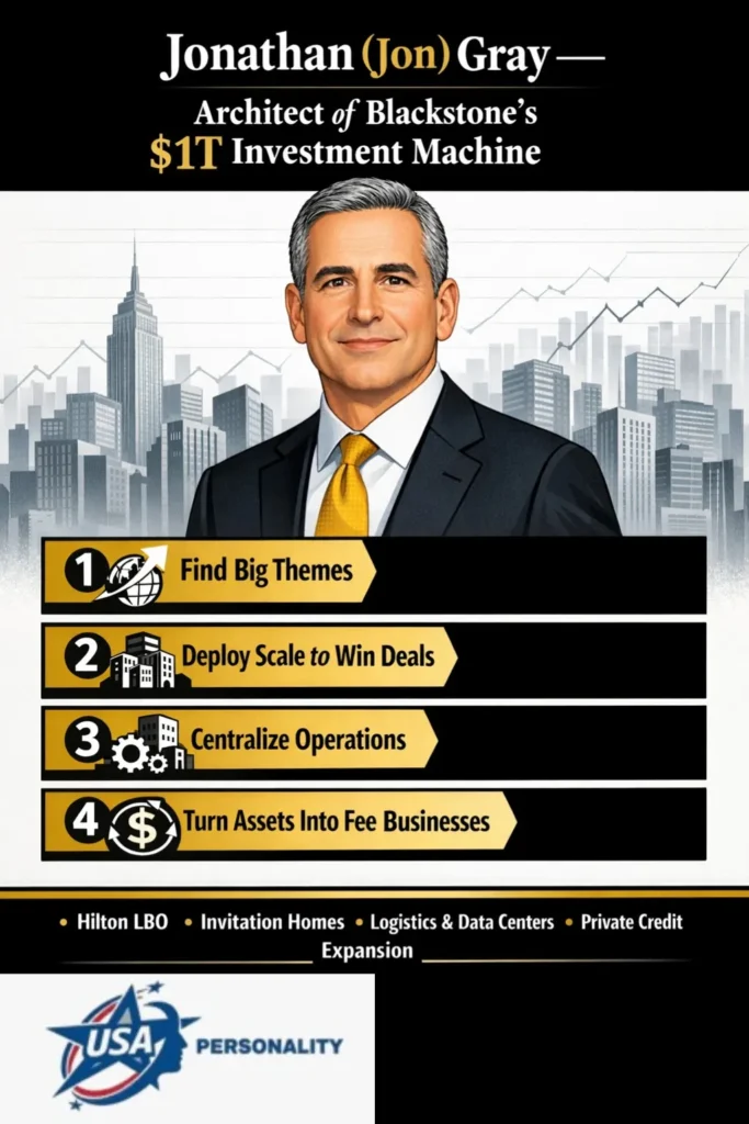 Infographic of Jonathan “Jon” Gray: portrait and headline with a four-box real-estate playbook  “Find big themes,” “Use scale to win deals,” “Centralize operations,” and “Turn assets into fee businesses” over a stylized cityscape.