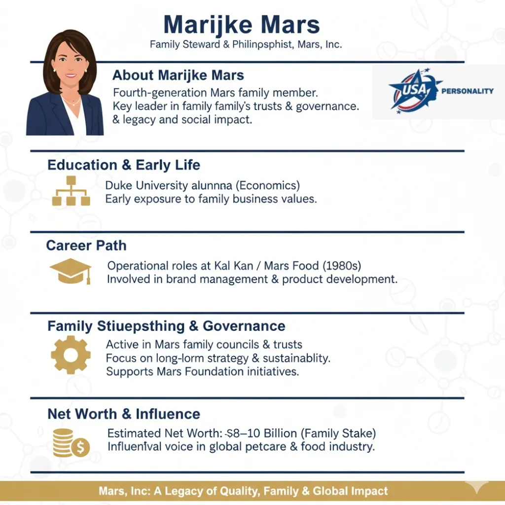 Infographic of Marijke Mars with her portrait, education at Duke University, operational career at Mars, Inc., family governance role, and estimated multi-billion-dollar net worth in 2026.