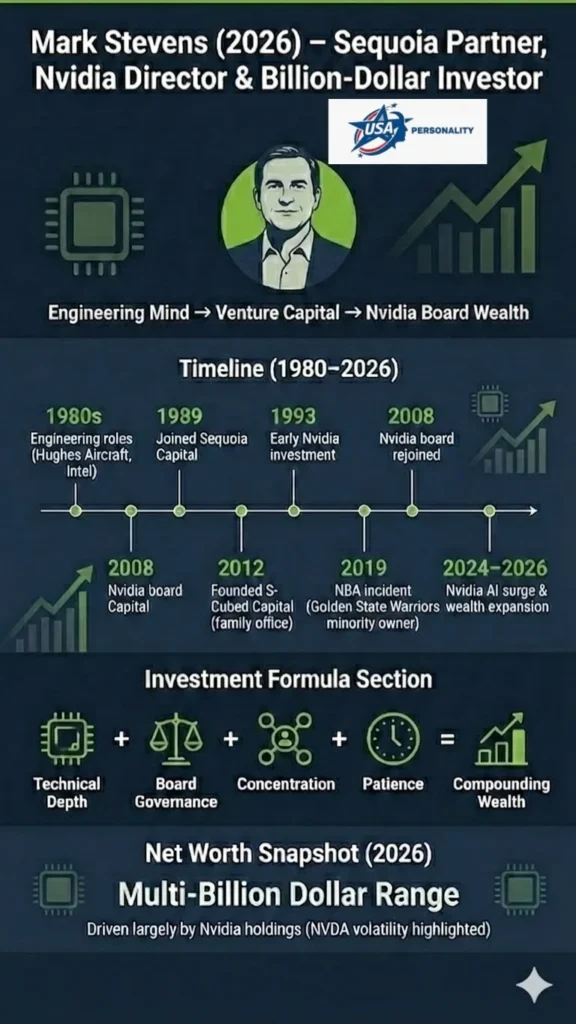 Infographic showing Mark Stevens’ career timeline from Sequoia Capital partner to Nvidia board member and founder of S-Cubed Capital, highlighting his 2026 multi-billion-dollar net worth driven by long-term Nvidia holdings.