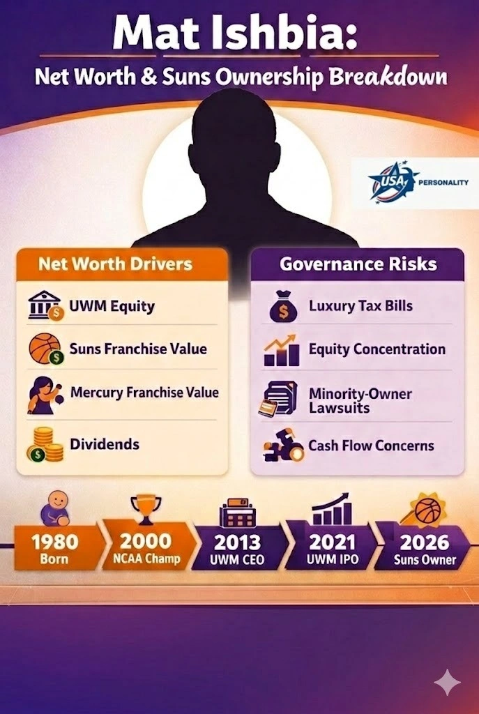 Infographic titled “Mat Ishbia: Net Worth & Suns Ownership Breakdown (2026)” showing his wealth sources, including UWM equity and Phoenix Suns franchise value, alongside governance risks like luxury tax bills and minority-owner disputes.