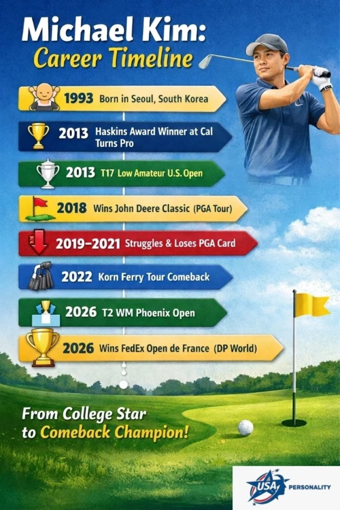 Infographic showing Michael Kim’s golf career timeline from 1993 birth in Seoul, through college success at UC Berkeley (Haskins Award 2013), PGA Tour win at John Deere Classic 2018, slump 2019‑2021, Korn Ferry Tour comeback 2022, T2 WM Phoenix Open 2026, and DP World Tour win at FedEx Open de France 2026, with icons for trophies, golf clubs, and flags.