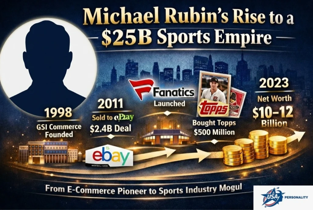Infographic timeline of Michael Rubin’s rise from founding GSI Commerce in 1998 to building Fanatics into a $25B sports empire, including the eBay sale, Topps acquisition, $700M funding round, and estimated $10–12B net worth.