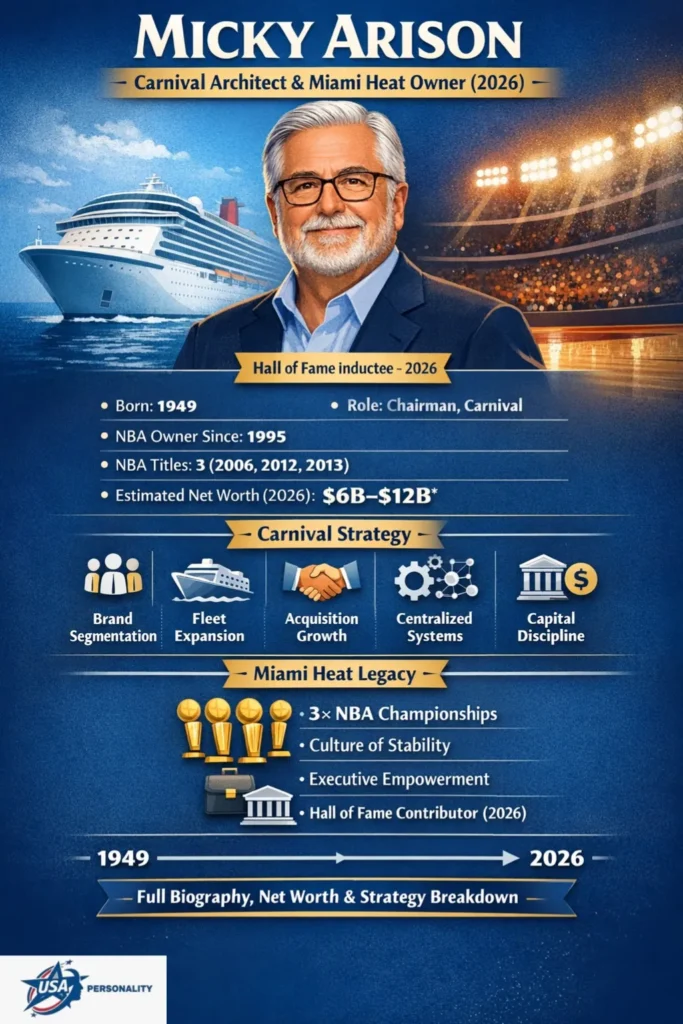 Infographic of Micky Arison showing his Carnival leadership strategy, Miami Heat ownership, three NBA championships, Hall of Fame induction (2026), and estimated net worth of $6B–$12B.