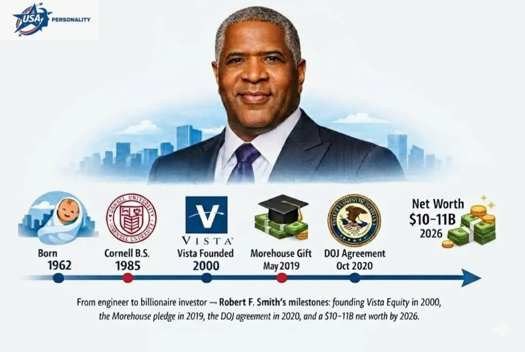 Robert F. Smith biography infographic showing birth year 1962, Cornell degree 1985, Vista Equity Partners founded in 2000, Morehouse College gift in 2019, DOJ agreement 2020, and estimated $10–11 billion net worth in 2026.