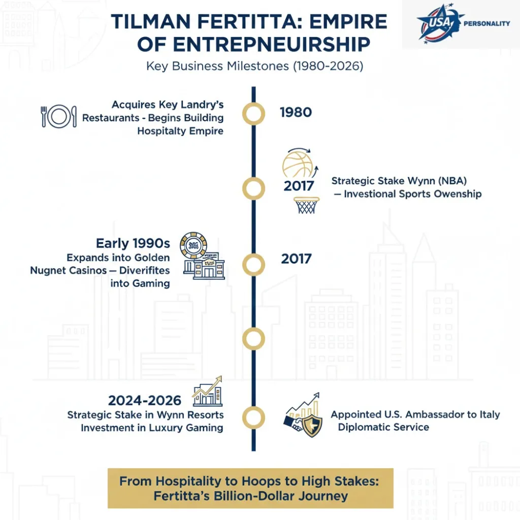 Timeline infographic: Tilman Fertitta’s key deals 1980–2026 (Landry’s, Golden Nugget, Houston Rockets, Wynn stake, U.S. Ambassador).