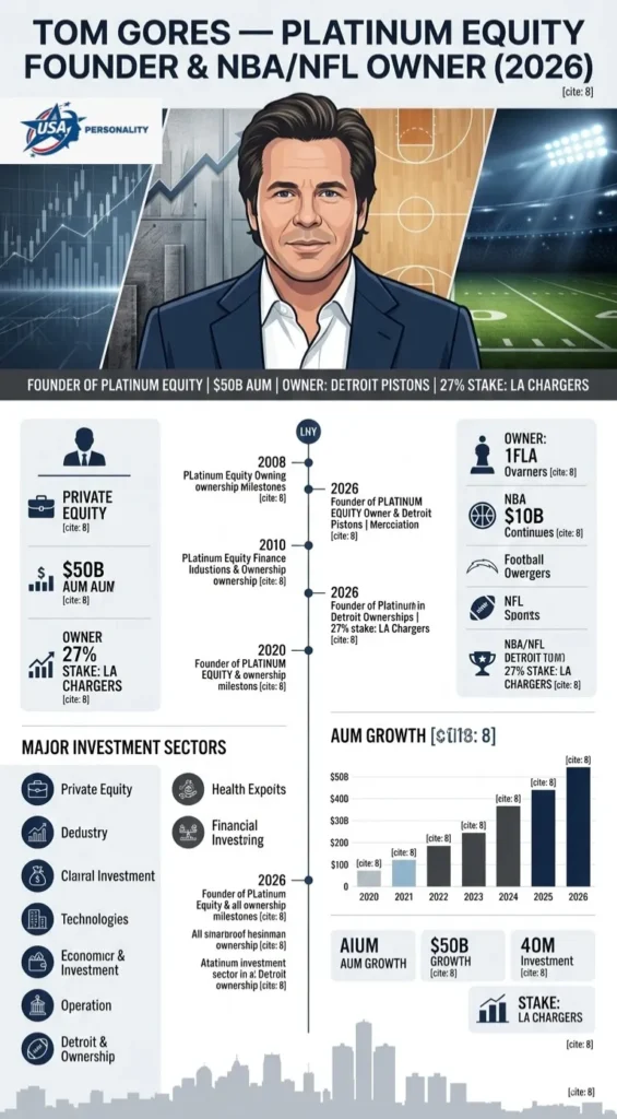 Infographic of Tom Gores: Platinum Equity $50B AUM, Detroit Pistons owner, 27% LA Chargers stake, net worth 2026.